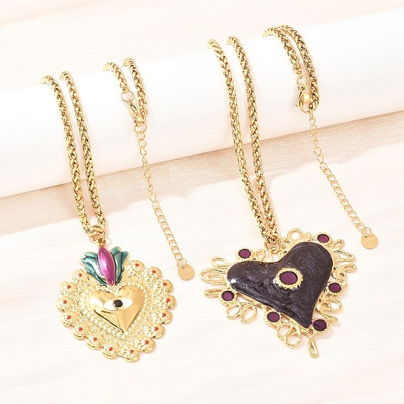 304 кулон в форме сердца из нержавеющей стали с эмалью, цепочка из пшеницы, ионное покрытие (ip), реальный 18 k позолоченный