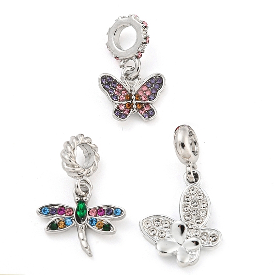 Подвески из сплава с покрытием стойки, стразы, бабочка/стрекоза, насекомое, европейские подвески, Подвески с большими отверстиями, платина, без кадмия, без никеля и без свинца