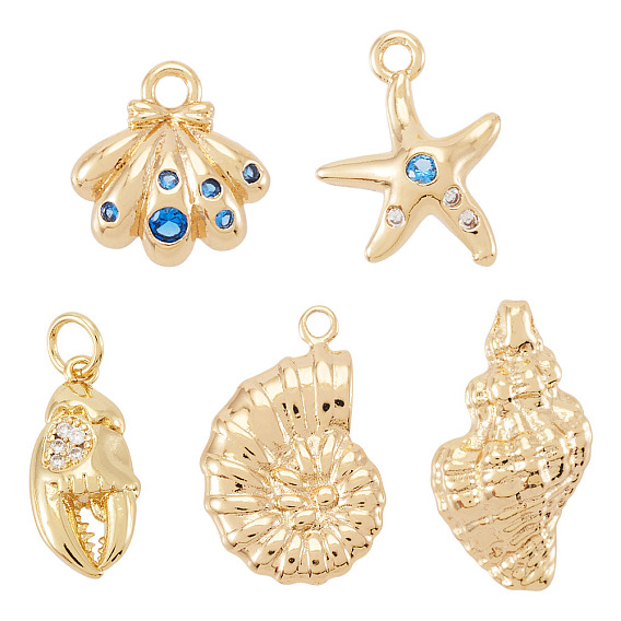 5 шт. 5 стили латунные микро-паве кубические циркониевые подвески, реальный 18 k позолоченный