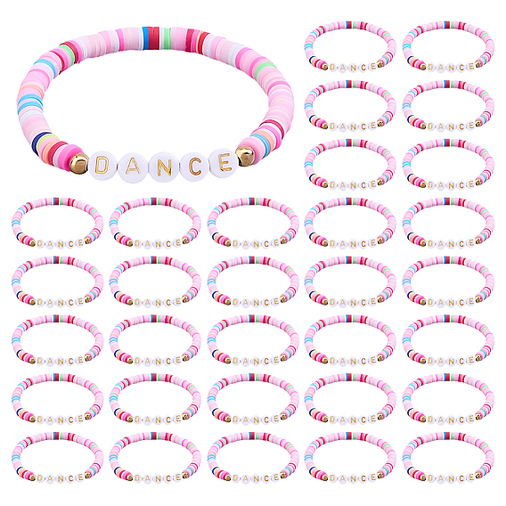 32Pcs Handmade Polymer Clay & Acrylic Bead Bracelets, Word DANCE