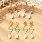 Seed Glass Woven Dangle Earrings for Women, Rhombus, with Natural Cowrie Shell, 304 Stainless Steel Stud Earrings, Real 18K Gold Plated