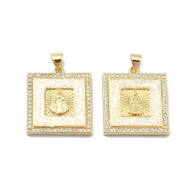 Brass Micro Pave Clear Cubic Zirconia Pendants, with Sythetic Opal, Sqaure with Goddess