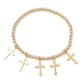 Brass Round Beaded Stretch Bracelets, with 304 Stainless Steel Cross Pendants