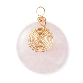 Naturel a augmenté pendentifs en quartz, avec fil de cuivre doré clair enroulé, plat rond