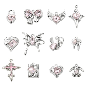 12Pcs 12 Style Rack Plating Alloy with Pink Glass Pendants, with Enamel, Heart & Star & Tooth & Butterfly & Cross Charms