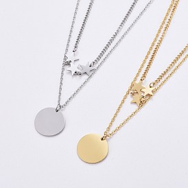 304 Stainless Steel Double Layer Necklaces, with Lobster Claw Clasps, Flat Round with Star