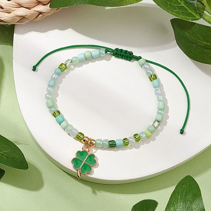 Регулируемый нейлоновый шнур браслеты из плетеных стеклянных бусин, сплав эмали клевер ювелирные изделия для женщин