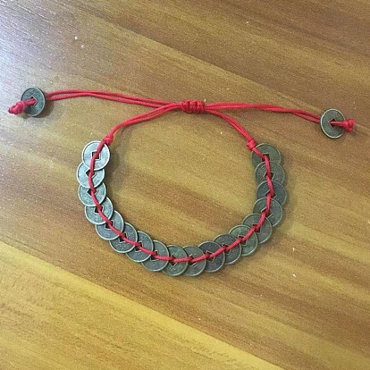 Adjustable Nylon Thread Braided Bead Bracelets, with Feng Shui Alloy Copper Cash Beads, Red