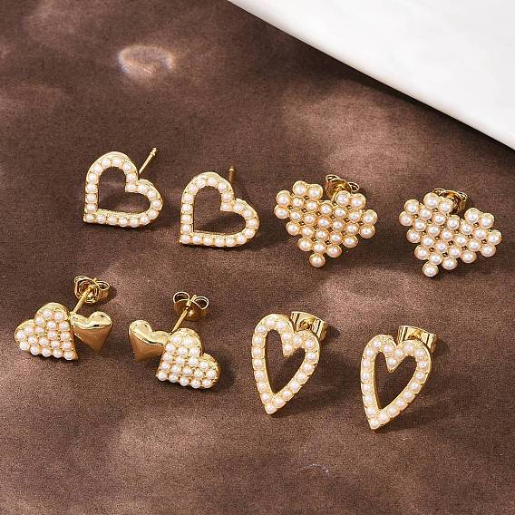 Серьги-гвоздики в форме сердца из латунного АБС-пластика с жемчугом, долговечный, стойки покрытие