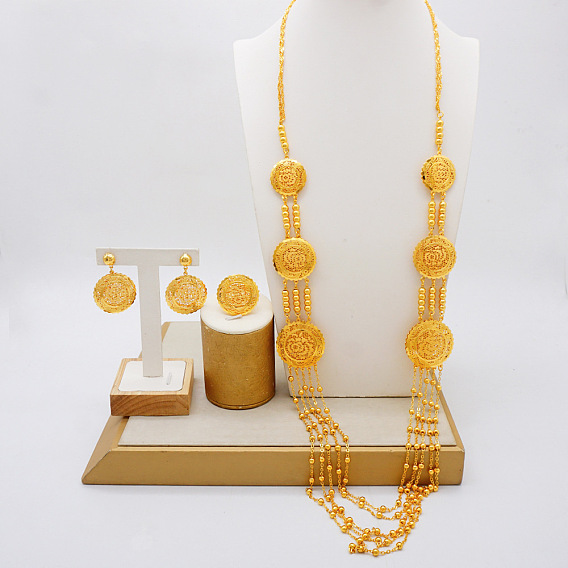 Многослойное ожерелье с подвеской из сплава, серьги-гвоздики и кольца-манжеты, золотые