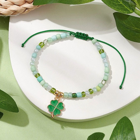Регулируемый нейлоновый шнур браслеты из плетеных стеклянных бусин, сплав эмали клевер ювелирные изделия для женщин