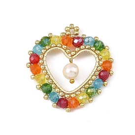 Shell Pearl & Glass Beaded Pendants, Heart Charms, with Brass Link Ring & Seed Beads, Faceted