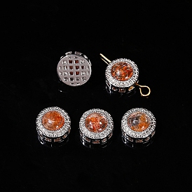 Natural Sunstone Beads, Alloy Flat Round Beads, Platinum