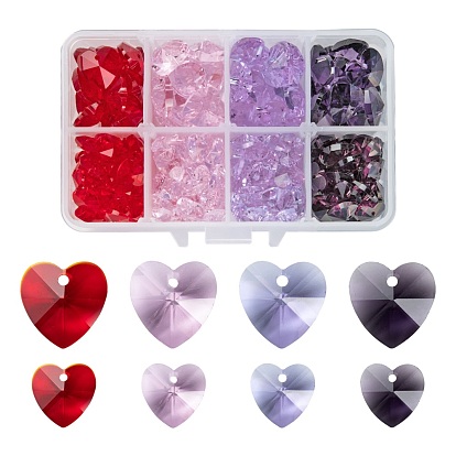 240Pcs 8 Style Romantic Valentines Ideas Glass Charms, Faceted Heart Charm