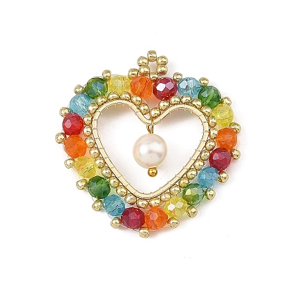 Shell Pearl & Glass Beaded Pendants, Heart Charms, with Brass Link Ring & Seed Beads, Faceted