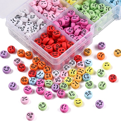 10 Colors Opaque Acrylic Beads, Flat Round with Black Random Expression