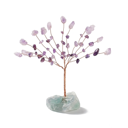 Natural Amethyst Tree Display Decoration, Reiki Spiritual Energy Tree, Raw Fluorite Base Feng Shui Ornament for Wealth, Luck, Rose Gold Brass Wires Wrapped