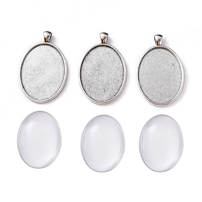DIY Pendant Making, with Tibetan Style Oval Alloy Big Pendant Cabochon Settings and Transparent Oval Glass Cabochons