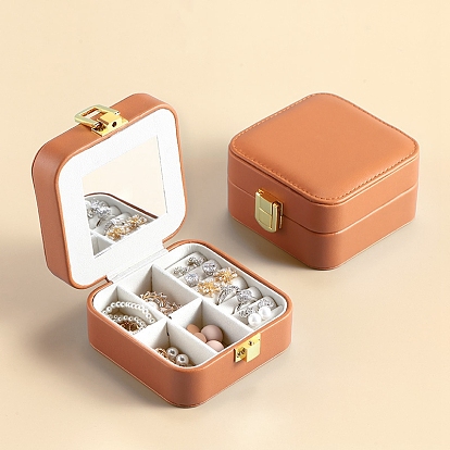 Square PU Leather Jewelry Set Organizer Zipper Box, with Mirror Inside, Portable Travel Jewelry Case for Earrings, Rings, Necklaces