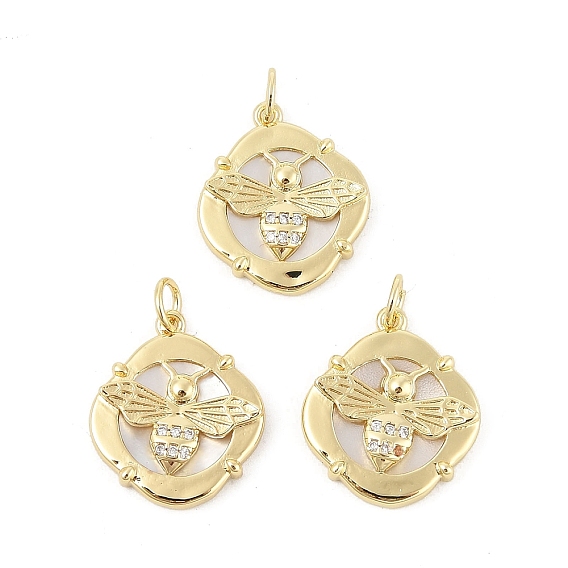 Латунные микропаве прозрачные кубические цирконии ромбовидные подвески, натуральные талисманы из ракушек пчел, с прыжковых колец, стойки покрытие, долговечный, без свинца и без кадмия