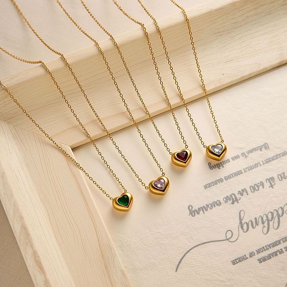 304 ожерелья-цепочки с подвеской в форме сердца из нержавеющей стали и цирконием для женщин, реальный 18 k позолоченный