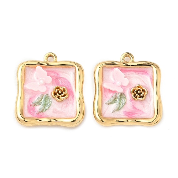 304 подвески из нержавеющей стали, квадратные с цветком, С эмалью и смолой