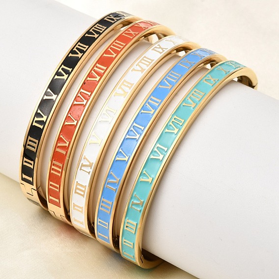 304 Браслеты из нержавеющей стали с эмалированным покрытием и шарнирным креплением, широкие браслеты для женщин, римские цифры, ионное покрытие (ip)