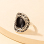 Vintage Black Sapphire Ring with Unique Oil Drip Cutout Design and Wide Band