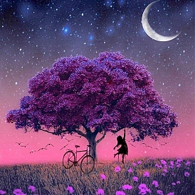 Girl Standing under the Tree  at Starry Night Diamond Painting Kits for Adults, DIY Full Drill Diamond Art Kit, Fairy Picture Arts and Crafts for Beginners