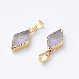 Natural Amethyst Pendants, with Brass Snap on Bails, Edge Golden Plated, Rhombus