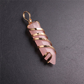 Natural Rose Quartz Metal Wire Wrapped Faceted Bullet Pendants, Pointed Charms