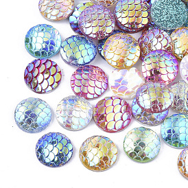 Resin Cabochons, AB Color Plated, Flat Round with Mermaid Fish Scale Pattern