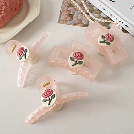 Gentle Jelly Pink Rose Hair Clip - Spring Large Shark Clip Sweet Accessory.