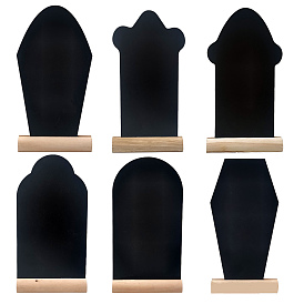 Halloween Tombstone/Coffin Chalkboard Signs with Wood Base Stand, Message Boards, for Resetaurant, Hotel, Bar Tabletop