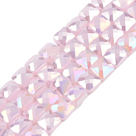 Electroplate Opaque Solid Color Glass Beads Strands, AB Color Plated, Faceted, Square