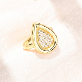 Anillos abiertos de latón con micro pavé de circonita cúbica, lágrima, sin plomo y cadmio, chapado en rack, larga duración plateado, real 18 k chapado en oro