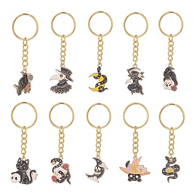 Halloween Theme Alloy Enamel Pendant Keychain, with Iron Split Key Rings, Crow & Cat & Snake with Flower & Moon