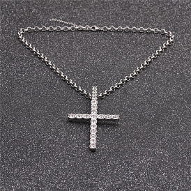 Fashion Religious Stainless Steel Cross Pendant Necklace with Alloy Hip Hop Water Drill, 15 Words or Less