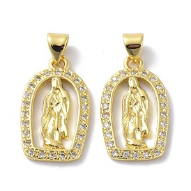 Brass Micro Pave Cubic Zirconia Pendants, Long-Lasting Plated, Oval with Virgin Pattern
