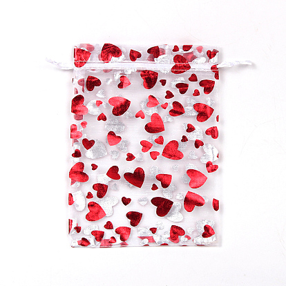 Rectangle Printed Organza Drawstring Bags, FirBrick Heart Pattern