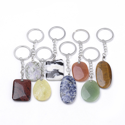 Natural Gemstone Keychain, with Iron Findings, Platinum, Nuggets