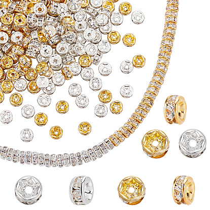 200Pcs 2 Colors Brass Rhinestone Spacer Beads, Grade A, Straight Flange, Rondelle