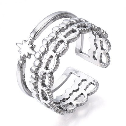 304 Stainless Steel Star Open Cuff Ring, Triple Line Chunky Ring for Women
