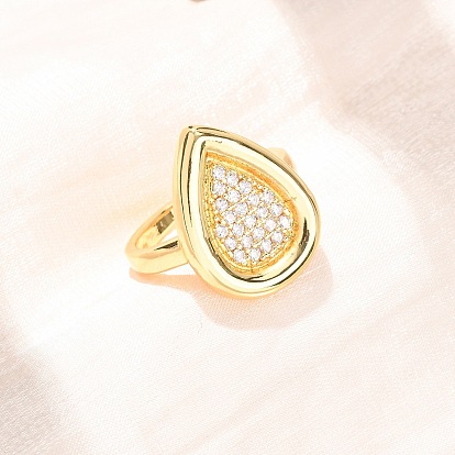 Anillos abiertos de latón con micro pavé de circonita cúbica, lágrima, sin plomo y cadmio, chapado en rack, larga duración plateado, real 18 k chapado en oro