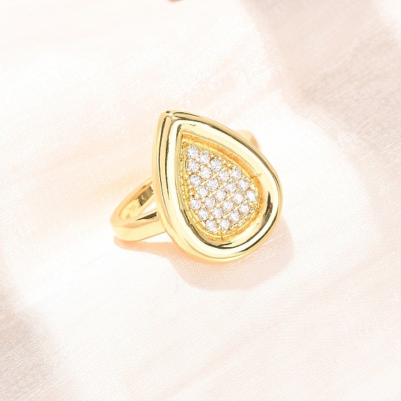 Anillos abiertos de latón con micro pavé de circonita cúbica, lágrima, sin plomo y cadmio, chapado en rack, larga duración plateado, real 18 k chapado en oro