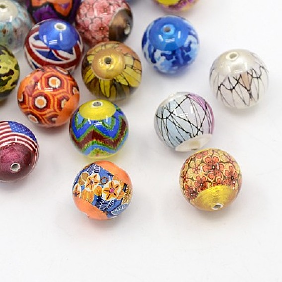 Picture Glass Beads, Round, 14mm, Hole: 1mm