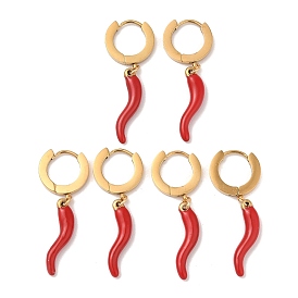 3 Pairs 304 Stainless Steel Enamel Horn of Plenty/Italian Horn Cornicello Hoop Dangle Earrings for Women, Red