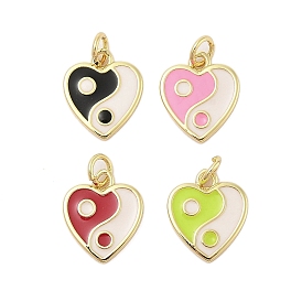 Rack Plating Brass Enamel Charms, with Jump Ring, Long-Lasting Plated, Cadmium Free & Lead Free, Real 18K Gold Plated, Heart with Yin-yang Charm