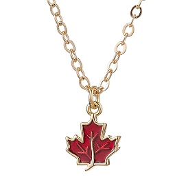 Brass Red Enamel Maple Leaf Pendant Cable Chain Necklaces for Women