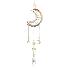 Pierre précieuse chakra enveloppée de fil et décorations pendentif lune/cœur/anneau en laiton, avec le charme de verre, pour la décoration intérieure